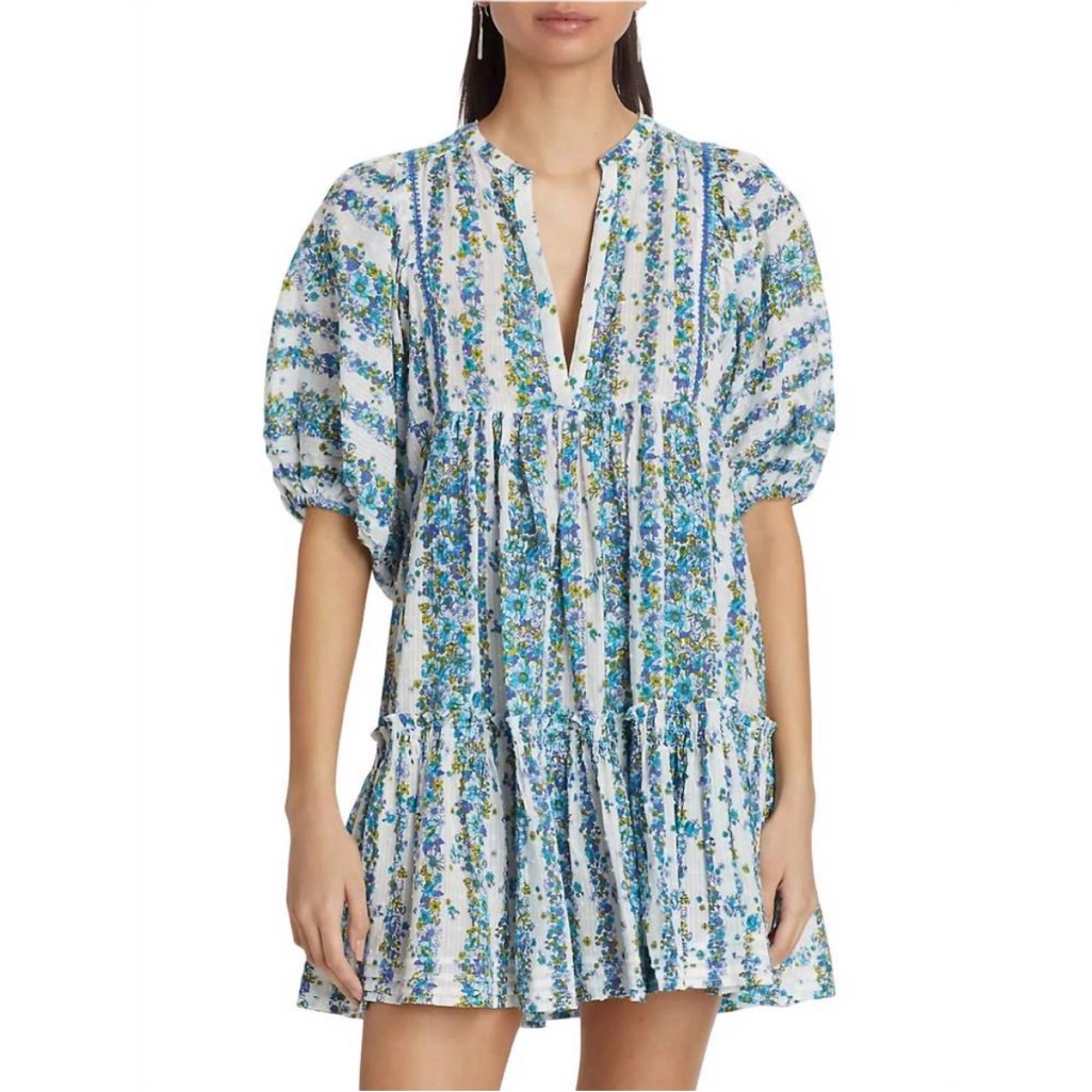 Poupette St. Barth || Aria A-Line Mini Dress In Blue Waves Flowers M/L